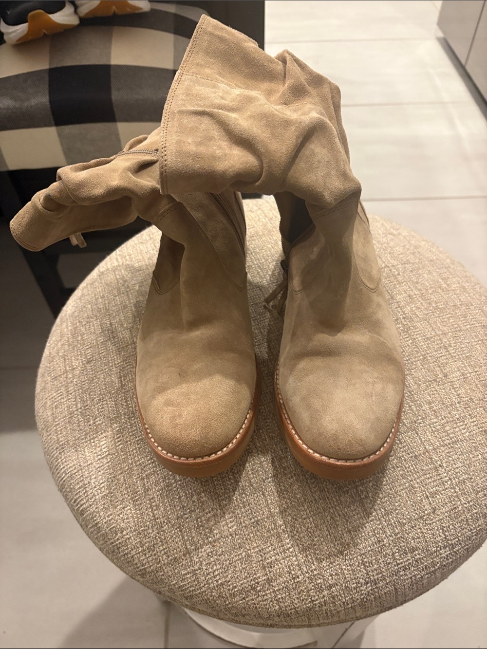 Aqua Suede Tan Slouchy Mid-Calf Heeled Boots